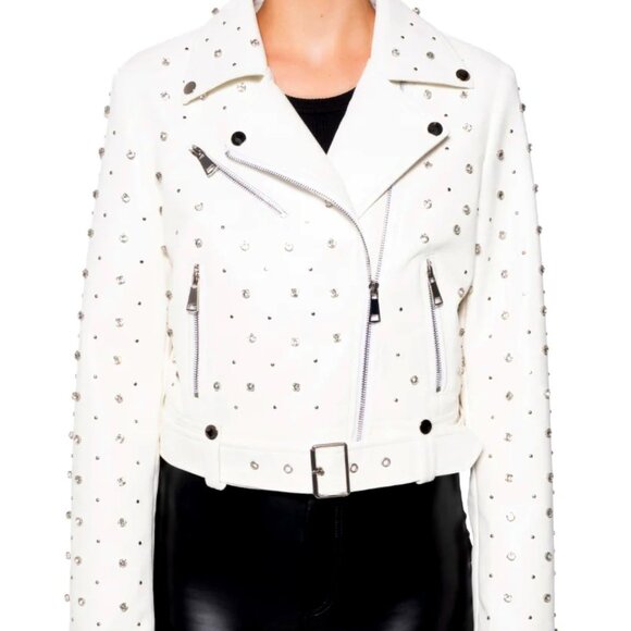 Callie Lives Jackets & Blazers - Callie Lives For The Win Azalea Wang White Rhinestone Moto Jacket M L XL